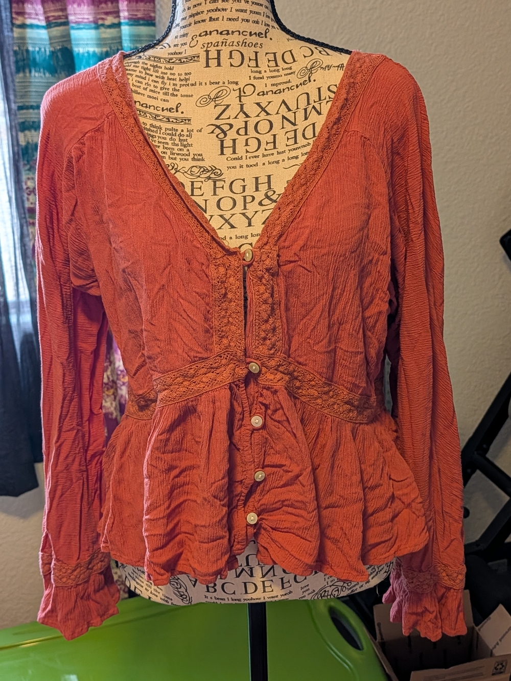 American Eagle Outfitters Rust Button-Front Peplum Blouse